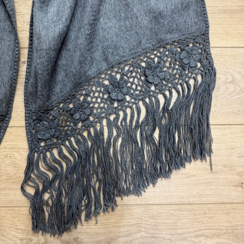 Alpaca Camargo Gray Alpaca Wool Scarf Crochet Floral Fringe Scandi Lagenlook Big - Picture 5 of 12